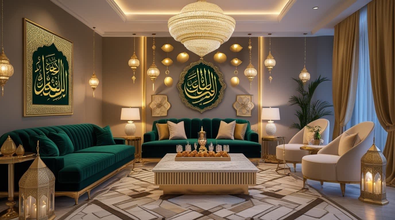 Luxurious Ramadan interior design featuring elegant dining spaces, serene prayer corners, and opulent living areas for a warm and spiritual ambiance.